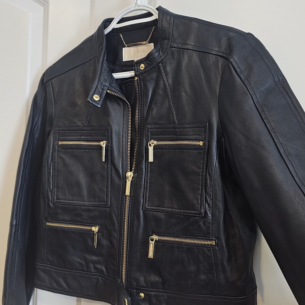 Michael Kors Blue LeatherJacket with Gold Accents